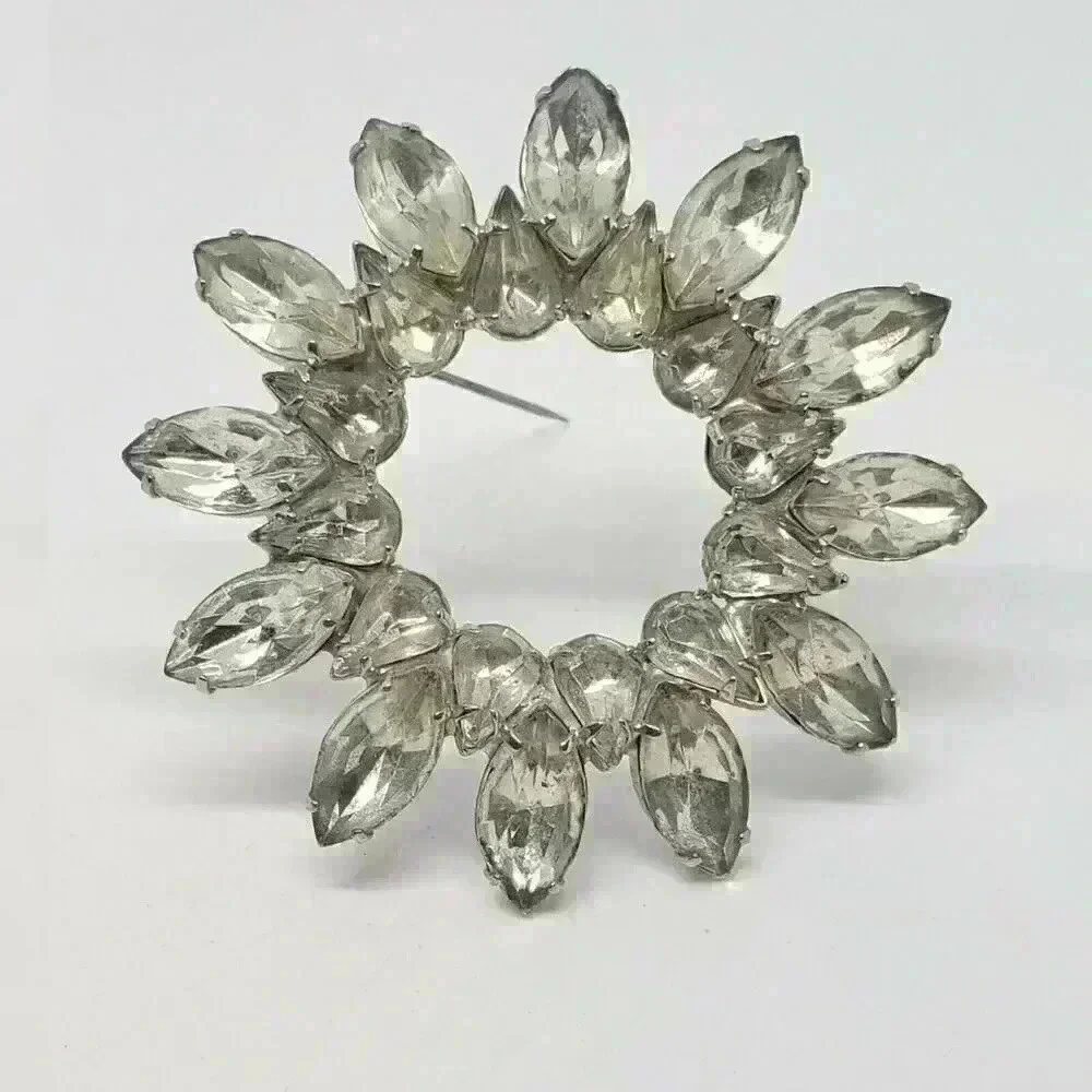 Vintage Brooch Rhinestone Circle Flower Navette & Pear Stones Large